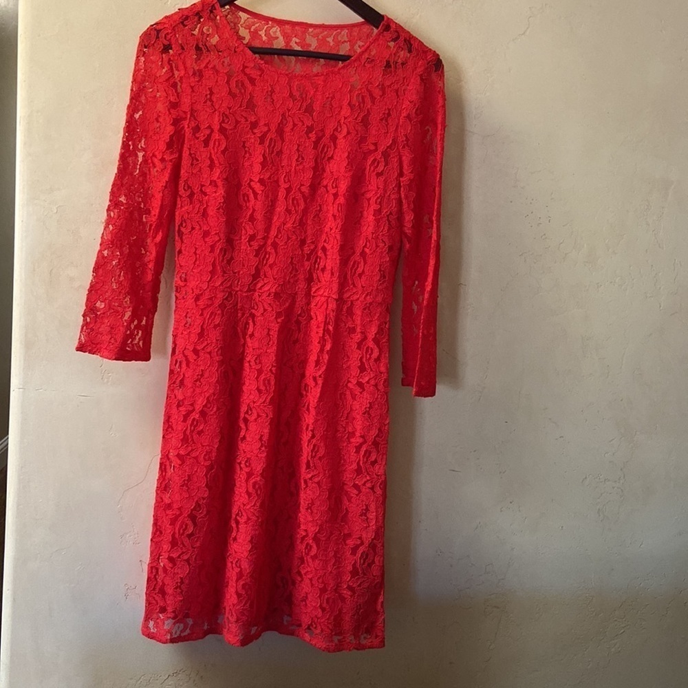 Sz 4 Broadway & Broome Red Lace 3/4 Sleeve Dress w/Red Slip - Picture 3 of 6